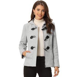 Winter Outwear Hooded Button Peacoat Toggle Duffle Coat Gray